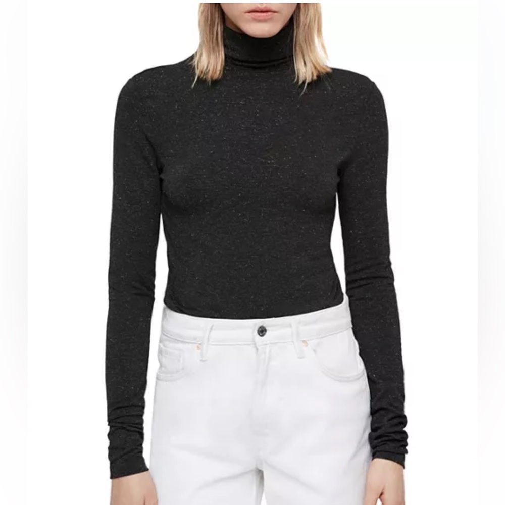 **AllSaints Esme Shimmer Turtleneck Long Sleeve Top Gray Metallic Size Large**